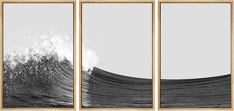 SIGNWIN 3 Piece Framed Canvas Wall Art Black and White Ocean Waves Nature Wilderness Illustrations Abstract Traditional Home Artwork Decoration for Living Room,Bedroom - 24"x36"x3 Natural