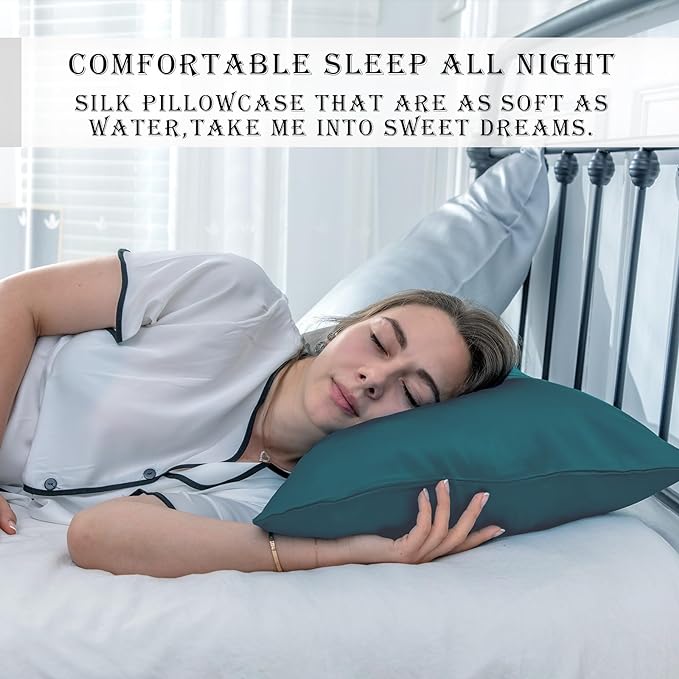 Silk Pillow Cases 2 Pack Soft Breathable and Sliky Standard Size Pillow Cases Set of 2,Natural Mulberry Satin Silk Pillowcase with Hidden Zipper for Hair and Skin (Teal,20"X 26",2pcs)
