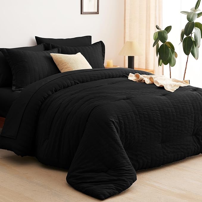 CozyLux Full Size Comforter Sets with Sheets Seersucker 7 Pieces Black Bed in a Bag Textured Luxury Soft Bedding Set with Down Alternative Comforter, Sheets, Pillowcases & Shams for All Seasons
