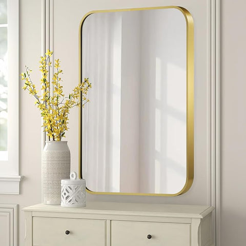 FARMER 48x30 Inch Matte Gold Bathroom Mirrors for Wall, Brushed Bathroom Vanity Mirror with Rounded Edge, Metal Framed Rectangle Mirrors for Bathroom or Living Rooms, Hangs Horizontally or Vertically