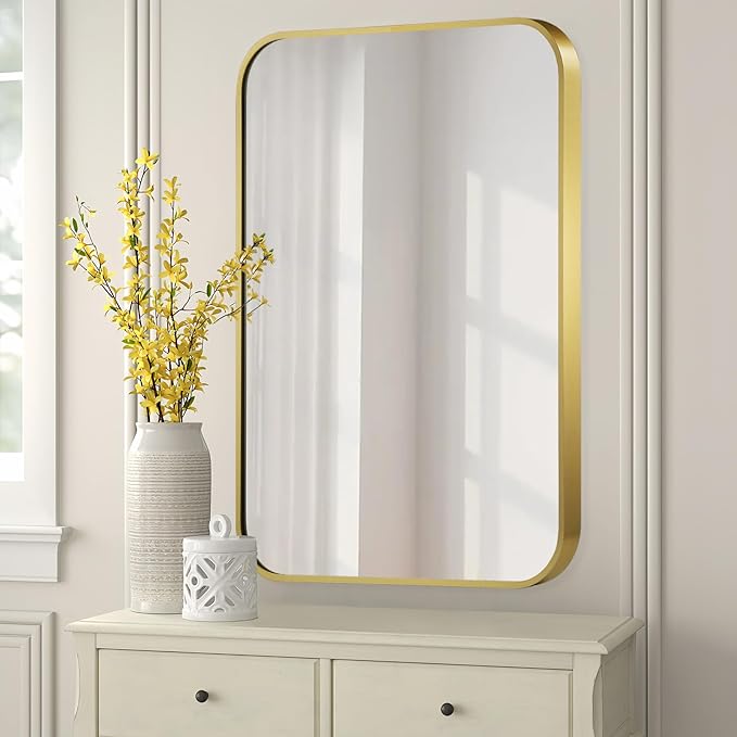 FARMER 24x32 Inch Matte Gold Bathroom Mirrors for Wall, Brushed Bathroom Vanity Mirror with Rounded Edge, Metal Framed Rectangle Mirrors for Bathroom or Living Rooms, Hangs Horizontally or Vertically