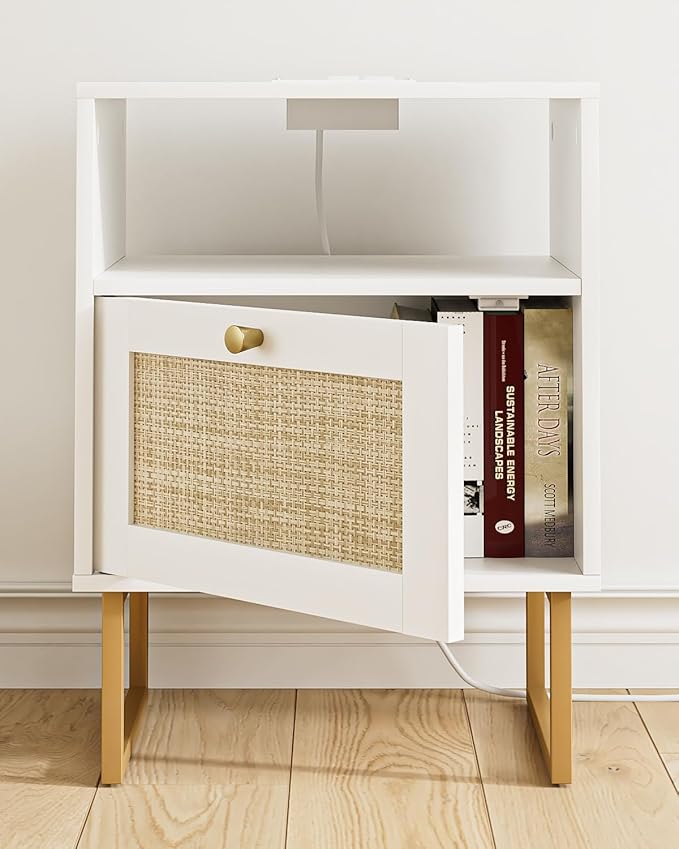 Rattan Nightstand with Charging Station, Boho Night Stand Farmhouse Wood Bedside Table with Storage and Open Shelf, End Side Accent Table for Bedroom,Living Room,White