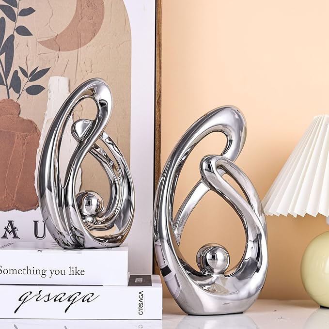 XMGZQ Home Decor Accent,Porcelain Art Mid Century Bookshelf Decorations,Gold Centerpieces for Tables,Abstract Ceramic Statue Sculpture for Coffee Table Mantel Tv Stand Centerpieces (Silver, Large)