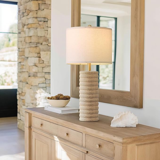 PoKat 27" Farmhouse Ceramic Table Lamps Set of 2 for Bedroom, Stone-Like Rustic Nightstands Lamps for Night Stands, Distressed Beige Bedside Lamps with Natural Textured for Living Room, Sand-Colored