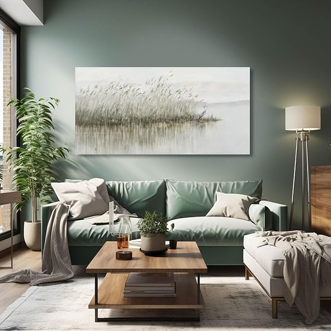 WINKAILIN Nature Canvas Art Grey and Green Paintings Reed Wall Decor for Living Room Animals Wall Art 24"x 48" Contemporary Prints for Dining Room Kitchen