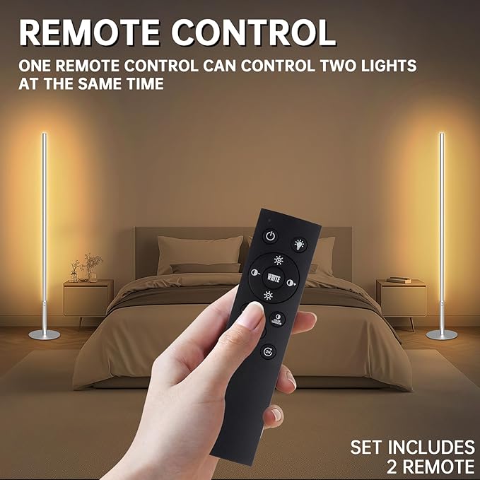 Marlrin Minimalist Corner Floor Lamp 2-Pack, 2700K-6500K Dimmable with Remote Control, 57.8" Metal Slim Ambient Standing LED Light, Modern Design Decorative Lamp for Living Room Bedroom (Silver)