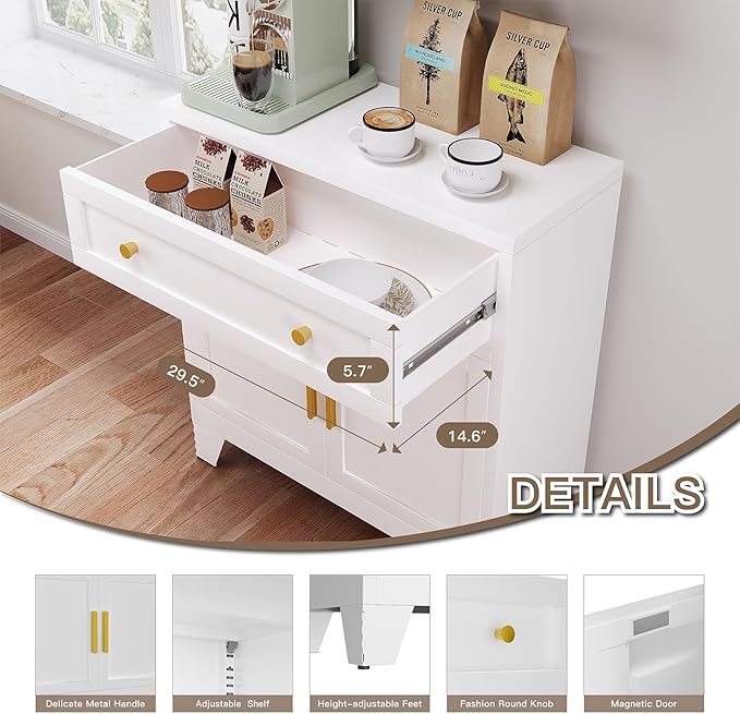 Metal Sideboard Cabinet with Big Drawers,Farmhouse Coffee Bar with One Adjustable Shelves,Buffet Cabinet,Metal Storage Cabient for Kitchen, Dining Room, Entryway, White