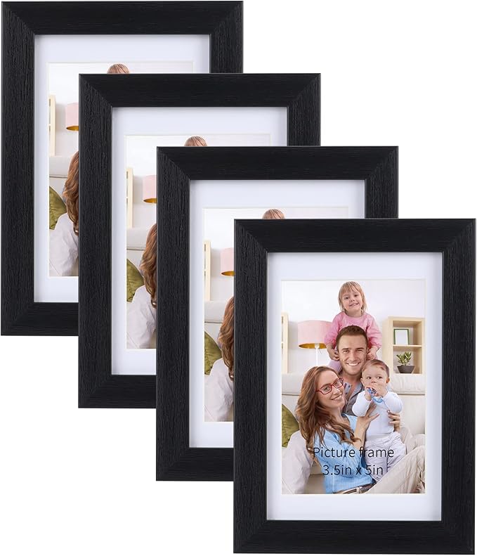 Giftgarden 4x6 Picture Frame Set of 4, Matted to 3.5x5 Pictures with Mats or 4x6 Photos Without Mat, Wall or Tabletop Display, Black