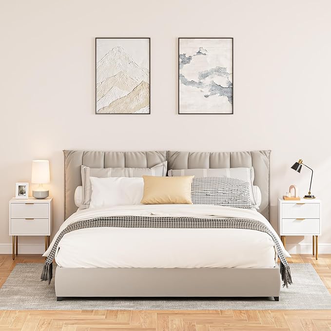 Nightstand,Morden Bedside Table with Gold Frame,Small White Night Stand,End Table,Bedside Furniture,Side Table with Drawer and Shelf for Bedroom,Living Room (2Drawers, White)