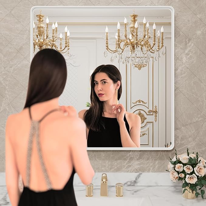 LOAAO 38x38 Inch White Metal Framed Bathroom Mirror for Wall, White Bathroom Vanity Mirror Farmhouse, Large Rounded Rectangle Mirror, Anti-Rust, Tempered Glass, Hangs Horizontally or Vertically