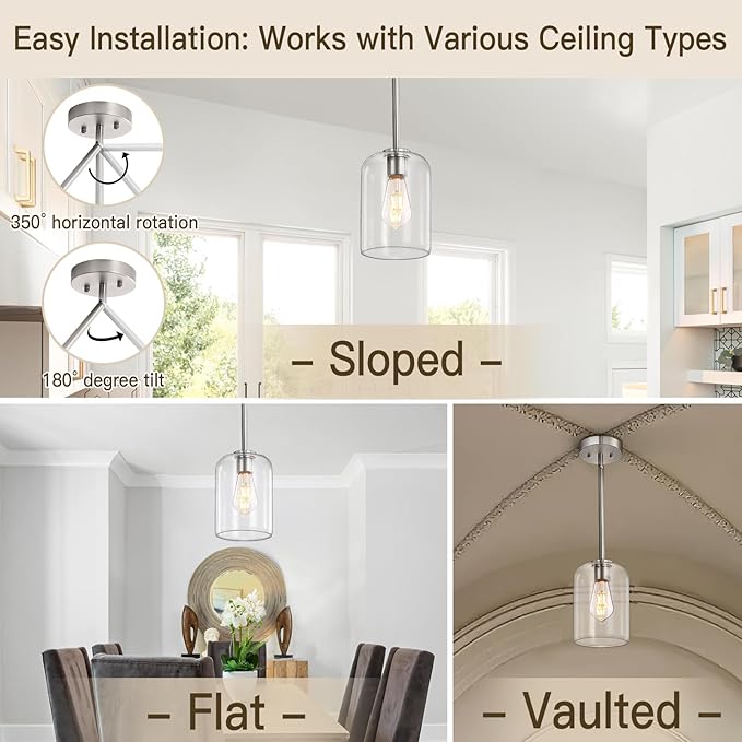 Brushed Nickel Pendant Light Fixtures, 6 Inch Clear Glass Shade Modern Farmhouse Pendant Lights Kitchen Island, Industrial Hanging Light Fixture Adjustable Stem Rod for Over Sink