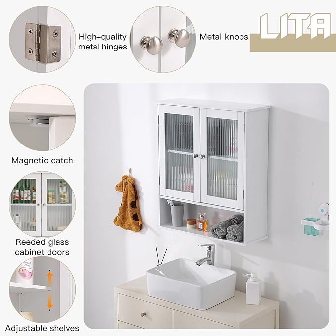 LITA Bathroom Wall Cabinet with Glass Doors, Medicine Cabinet with Adjustable Shelves, Space Saver Over Toilet Storage Cabinet for Bathroom, Living Room, Kitchen, White