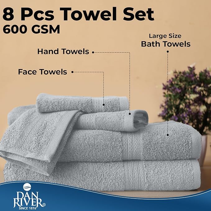 DAN RIVER 8 PC Luxury Bath Towels for Bathroom, 2 Bath, 2 Hand, and 4 Wash Cloths, 600 GSM 100% Ring Spun Cotton Towel Set, Highly Absorbent, Gym, Hotel, and Spa, Silver
