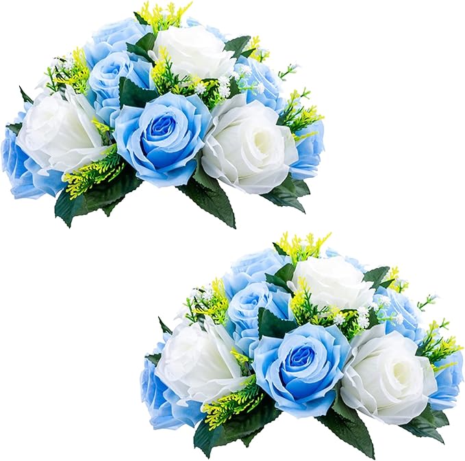 NUPTIO Pcs of 2 Fake Flower Ball Arrangement Bouquet,15 Heads Plastic Roses with Base, Suitable for Our Store's Wedding Centerpiece Flower Rack for Parties Valentine's Day Home Décor (Blue & White)