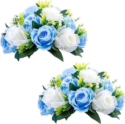 NUPTIO Pcs of 2 Fake Flower Ball Arrangement Bouquet,15 Heads Plastic Roses with Base, Suitable for Our Store's Wedding Centerpiece Flower Rack for Parties Valentine's Day Home Décor (Blue & White)