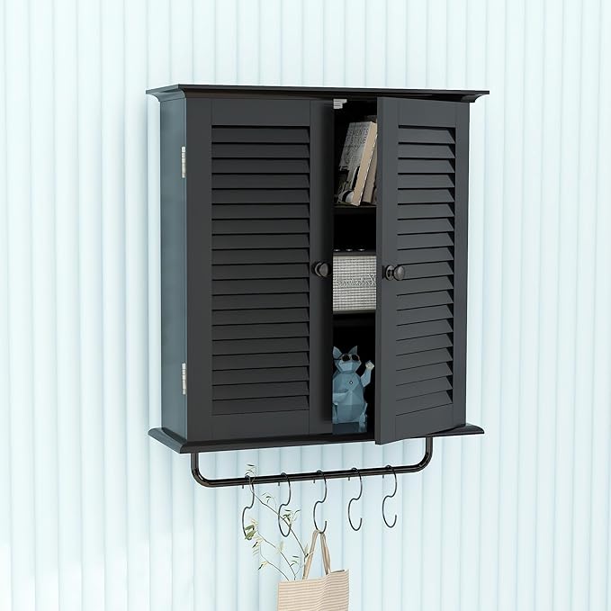 TaoHFE Bathroom Cabinet Wall Mounted Designer Bathroom Wall Cabinet Medicine Cabinet with Double Shutter Doors 3 Tier Adjustable Shelf with Towel Rack Over The Toilet Storage Cabinet Laundry (Black)