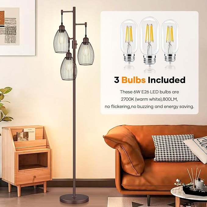 Nintiue Dimmable Floor Lamp,3x800LM LED Bulbs Included, Farmhouse Industrial Floor Lamp Standing Tree Lamp with Teardrop Cage Head Tall Lamp for Living Room Bedroom Office Dining Room - Matte Brown