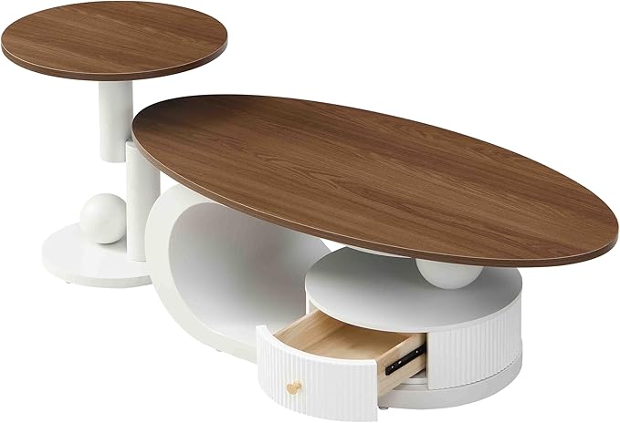 Marble Nesting Coffee Table Set of 2,Modern Oval Center Tea Table and Round Side Nightstand Set w/Drawer and Wood Tabletop and Metal Frame for Living Room Accent Furniture