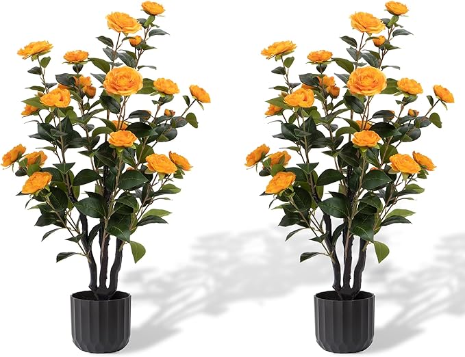 3.2FT Artificial Camellia Trees, Orange Silk Flowers, Indoor Faux Plants with Realistic Trunk in Black Cement Pot for Home House Living Room Bedroom Office Decor, 2pcs