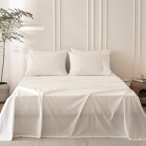 6PS Linen Like Bedding Sheet Sets Off White King Size Cotton Bedding Set Oeko-TEX Standard 100% Washed Cotton Deep Pocket King Size Fitted Sheet Plus Cozy Flat Sheet and 4 Pillowcases