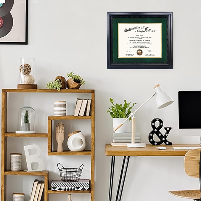 11x14 Diploma Degree Frame with Green Mat or Display 15x18 Certificates without Mat,Solid Wood,Black Finish with Intricate Black Rope Detail,UV Protection Acrylic