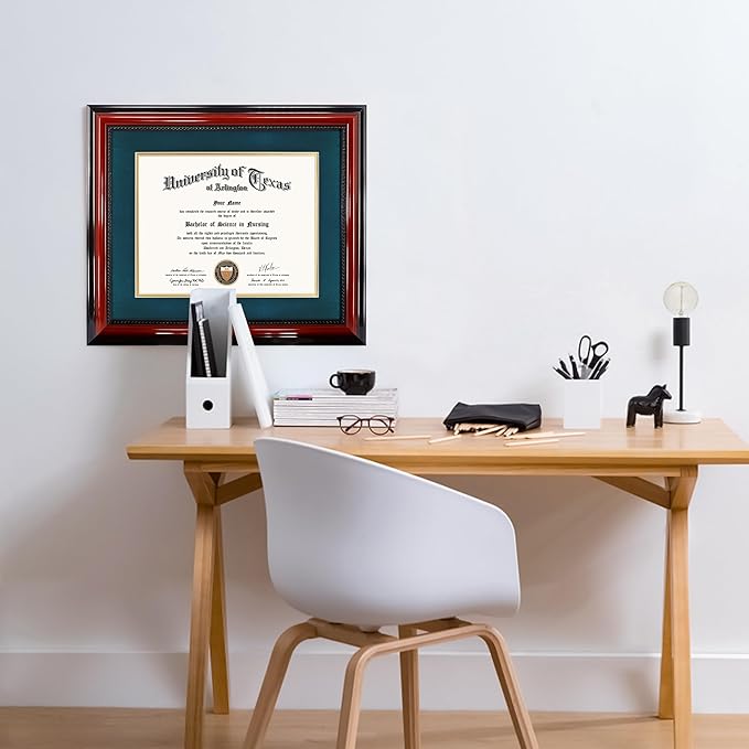 11x14 Diploma Degree Frame with Navy Mat or Display 15x18 Certificates without Mat,Solid Wood,Cherry Finish with Intricate Black Rope Detail,UV Protection Acrylic