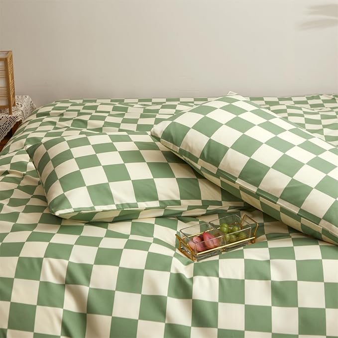 Pureant Green White Plaid Comforter Sets Queen Women Men Sage Green Checkerboard Grid Bedding Comforters Cotton Boys Girls Modern Grass Green and White Checkered Geometric Quilts Luxury Abstract Bed