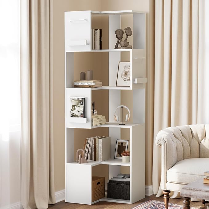 PPAMAPIC 5 Tier Corner Bookshelf, 63" Tall L Shaped Bookcase, Corner Cabinet, Wood Grain Shelf Display Rack for Kitchen, Bedroom, Living Room (White)