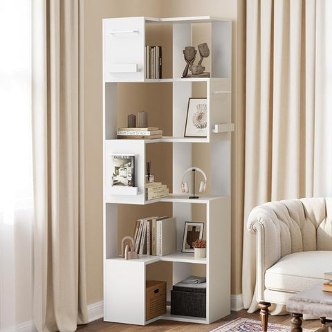 PPAMAPIC 5 Tier Corner Bookshelf, 63" Tall L Shaped Bookcase, Corner Cabinet, Wood Grain Shelf Display Rack for Kitchen, Bedroom, Living Room (White)