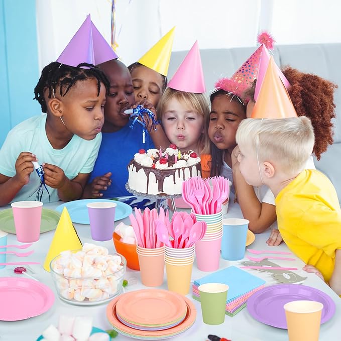 Durony 216-Piece Pastel Rainbow Disposable Party Tableware Set - Serves 24 Guests - 7" & 9" Paper Plates, 9oz Cups, Napkins, Plastic Cutlery, Party Decorations