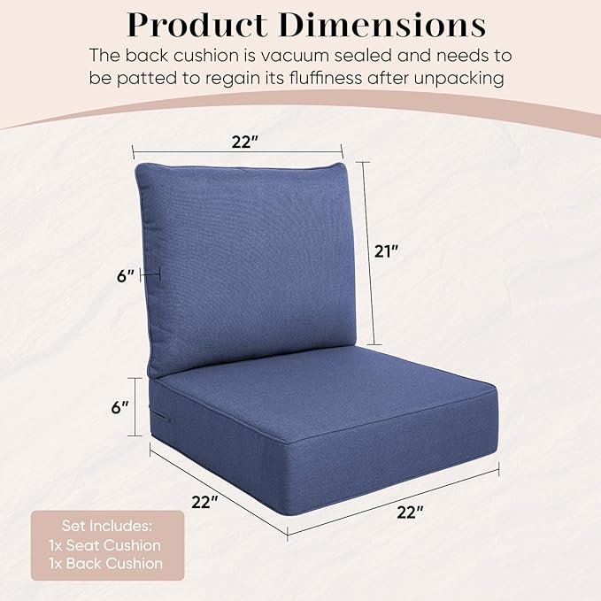 Luxury Outdoor Seat Cushion Set-22 x 22 x 6 Inch Outdoor Chair Cushions with Water Resistant & Removable Cover Outdoor Cushions for Patio Furniture Chair Sofa Couch-Beige