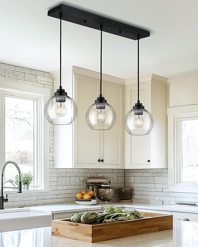 Black Island Light, 3-Light Linear Chandelier with Clear Glass, Globe Pendant Light Fixture for Dining Room Kitchen Island Living Room Pool Table, ZCPL101BK-3S