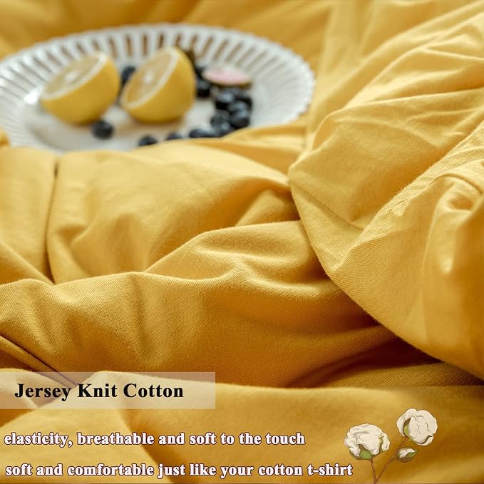 VM VOUGEMARKET Yellow Duvet Cover Sets King,Jersey Knit Cotton Gold Bedding Set (1 Duvet Cover + 2 Pillow Shams),Simple Luxury Down Comforter Cover with Zipper Closure-King,Gold