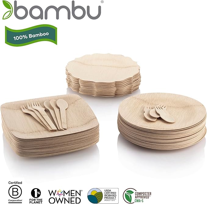 Bambu Pack of 100-9 Inch Disposable Bamboo Plates Fancy, Biodegradable Eco Friendly Products, Bamboo Disposable Plates for Party, Weddings, and Events, Great For Any Occasion - Bulk Case