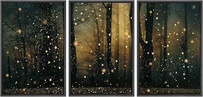 SIGNWIN Framed Wall Art Print Set Enchanted Forest with Fireflies Magical Night Woodland Photography Modern Art Closeup Relax/Calm Dark for Living Room, Bedroom, Office - 16"x24"x3 Black