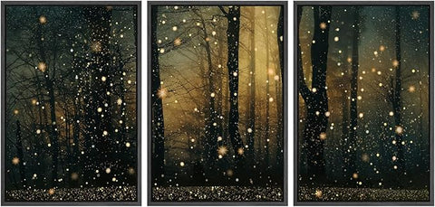 SIGNWIN Framed Wall Art Print Set Enchanted Forest with Fireflies Magical Night Woodland Photography Modern Art Closeup Relax/Calm Dark for Living Room, Bedroom, Office - 16"x24"x3 Black