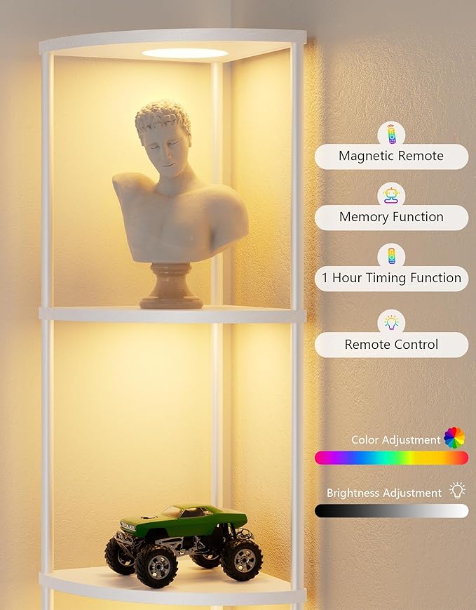 Corner Shelf with RGBCW LED Light, 64.5” Tall Floor Lamp Narrow Bookshelf Organizer, Standing Shelves with Metal Pole, Display Storage Rack for Wall Corner, Living Room, Bedroom, Office Décor, White