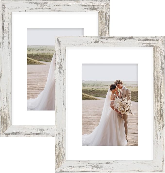 8x10 Picture Frame Set of 2, Made of Real Glass and Distressed White Wooden Frame - Display Picture 5x7 with Mat or 8x10 Without Mat, 8 by 10 Photo for Wall or Tabletop