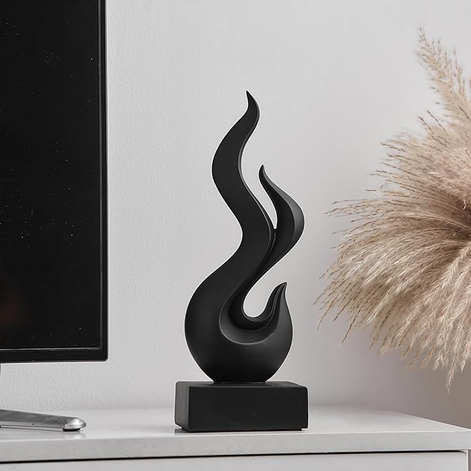 FJS Black Abstract Flame Statue for Home Decor, Modern Decorations for Living Room Shelf Accents, Resin Sculpture for Dining Room Office Coffee Table Centerpiece