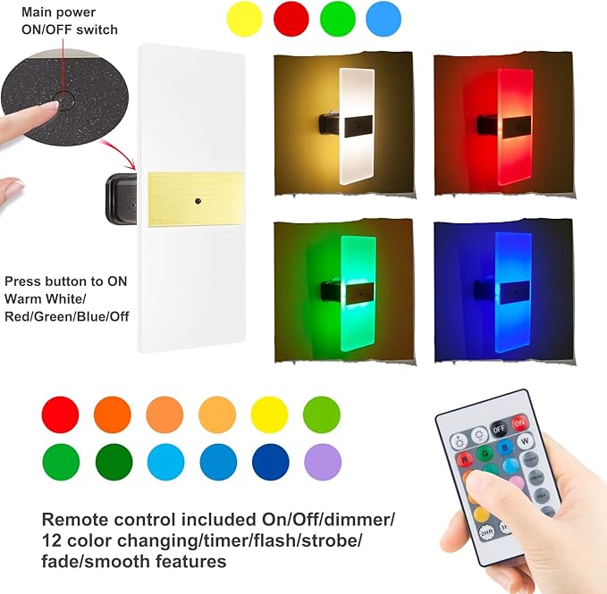 BIGMONAT USB Rechargeable Wireless Wall Light, Color Changing Sconce Light with Remote, Dimmable RGB Night Light for Hallway Bathroom Kids Bedroom Mood Lighting