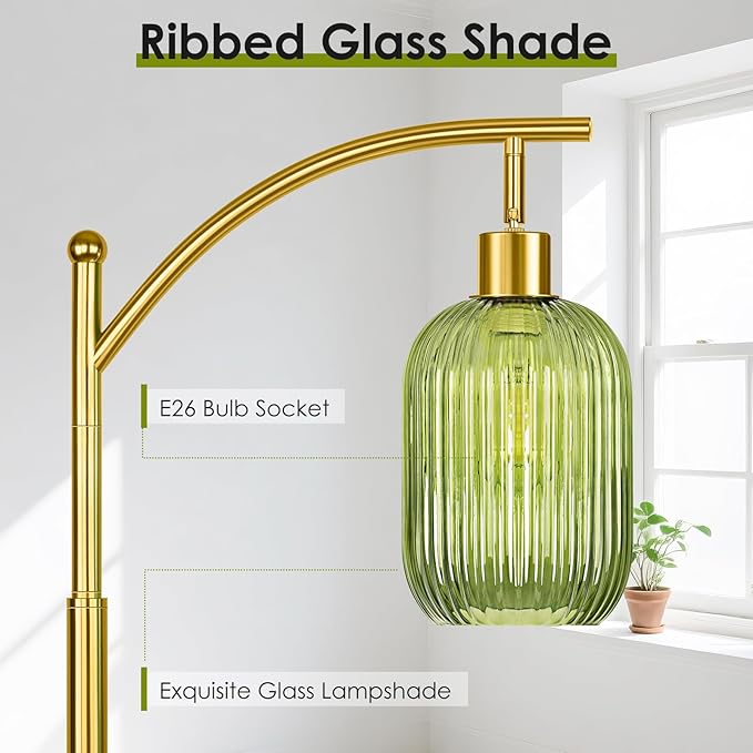 Glass Floor Lamp for Living Room, Modern Green Standing Lamp with Ribbed Glass Lampshade Foot Switch, 67” Tall Lamp for Bedroom Study Room