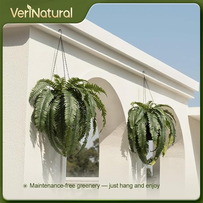 48" Artificial Boston Fern Hanging Plants with Basket - UV Resistant Fake Plant for Outdoor Indoor - Large Realistic Faux Greenery for Front Porch, Front Door, Patio Decor, Set of 2, VN142