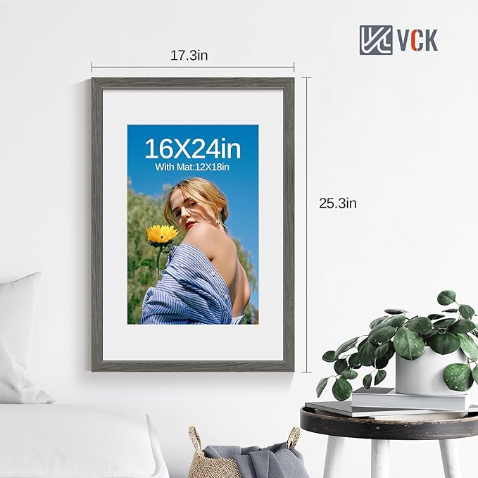 VCK 16x24 Poster Frame 5 Pack - Grey, High-End Wood Picture Frames with Polished Plexiglass, Display 12x18 Photo with Mat or 16x24 without Mat, Art Gallery-Quality, Wall Hanging, Grey