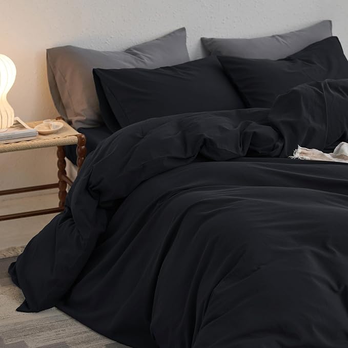 MooMee King Duvet Cover Set, 100% Washed Cotton Linen Like Twill Thick Sturdy Material Super Soft Breathable Durable Bedding for All Season, 3 Pieces (Black, King 104"x90")