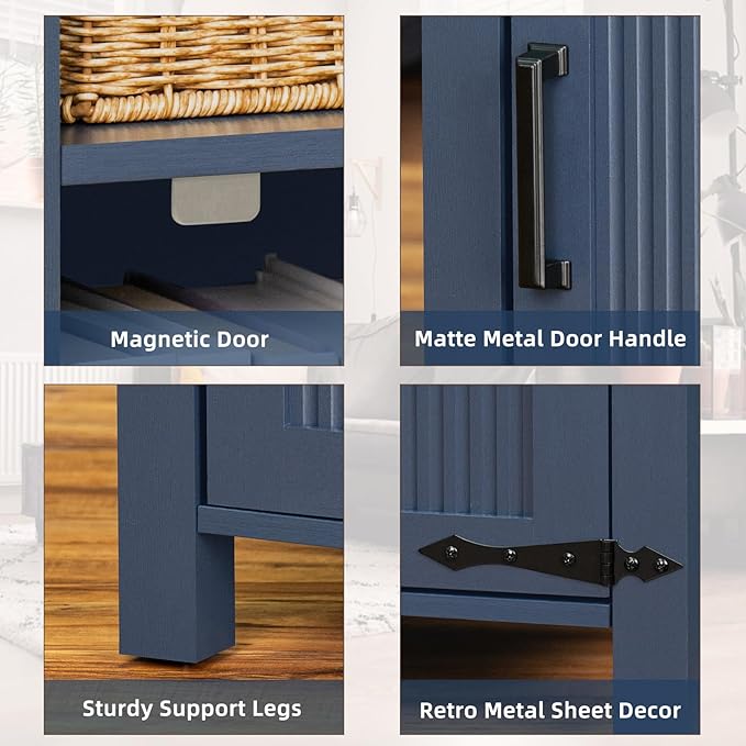Night Stand with Charging Station and USB Port, 18 Inch Farmhouse Nightstand with Storage Shelf, Rustic Couch End Table with Magnetic Door, Wood Bed Side Tables for Bedroom, Home, Nayv Blue