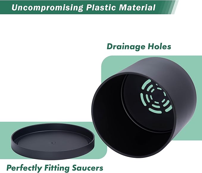 D'vine Dev 2 Pack 12 Inch Modern Plastic Plant Pots, Small Garden Planters for Plant with Drainage Holes and Saucers, Black Color, 74-Y-P-1