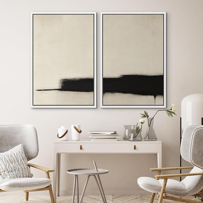 SIGNWIN Framed Wall Art Print Set Minimalist Black Brushstroke Abstract Neutral Beige and Black Illustrations Modern Art Rustic Relax/Calm for Living Room, Bedroom, Office - 16"x24"x2 WHITE