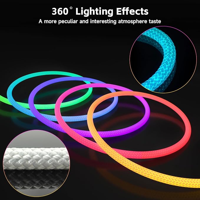 LED Rope Lights, 9.84ft Neon LED Lights Strip with 360 Degree Luminous, 5V USB Flexible IP67 Waterproof Music Sync Remote APP Control Gaming Lights Accessories for Bedroom Outdoor Décor