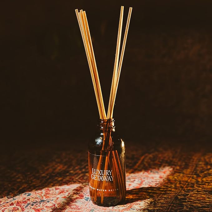 Sweet Water Decor Luxury Getaway Reed Diffuser Set - Room Diffuser with Leather, Amber & Musk Scent - Hotel Scent Diffuser Lasts for 4 Months - Home Diffuser with Premium Fragrance Oils