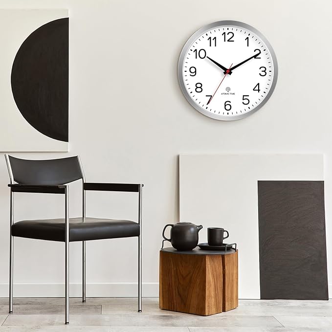 AKCISOT Atomic 12 Inch Wall Clock Analog Clocks for Indoor Kitchen, Battery Operated Clock for Bedroom Office Classroom Living Room(Silver)